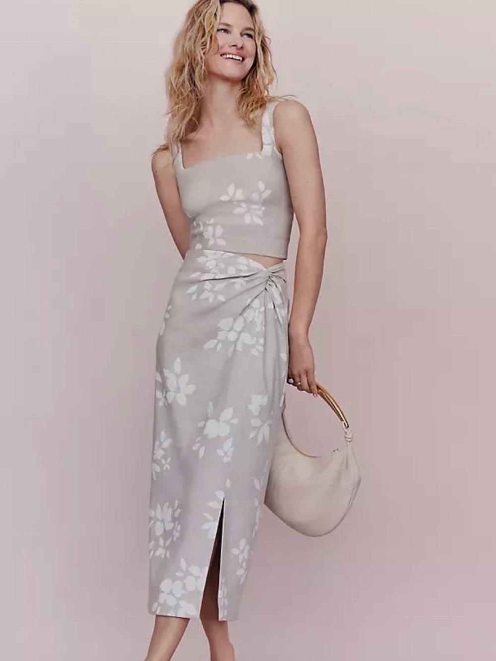 Floral knotted linen blend pencil skirt and matching top